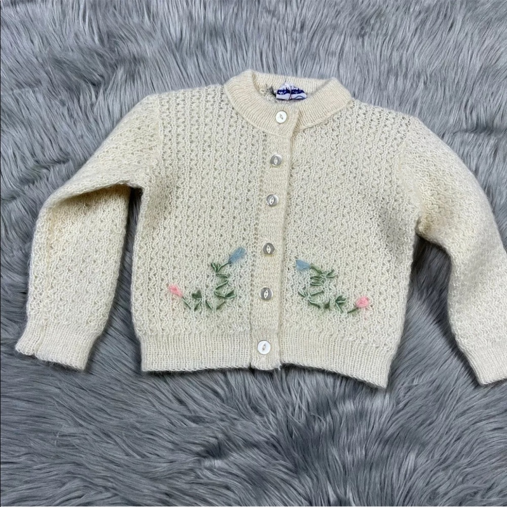 Vintage Toddler Girls Lord Taylor Regal Cream Knit Floral Cardigan Sweater